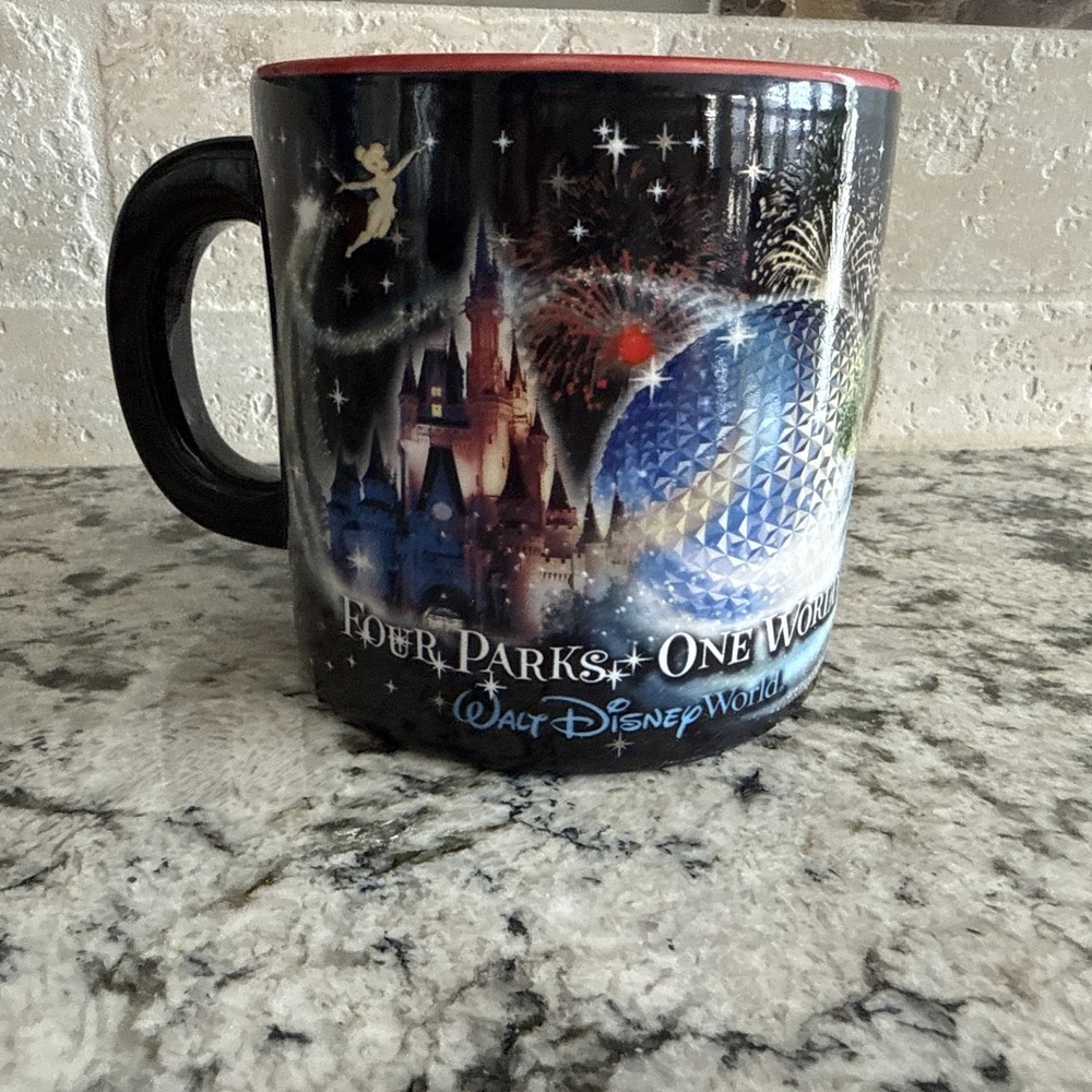Walt Disney World Four Parks One World Large Black Coffee Mug Mickey Wizard